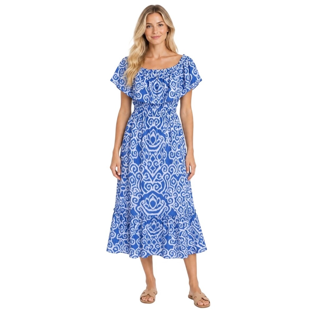 NWT Tommy Bahama Calli Calypso OTS Midi Dress Turkish Sea Blue White M